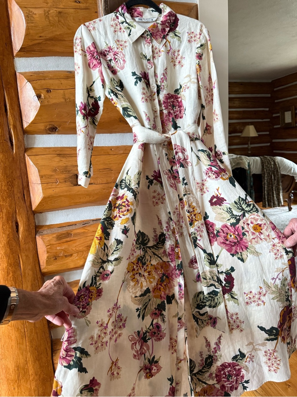 Zara Cream Floral 3/4 Sleeve Button Maxi Dress with Tie Waist M